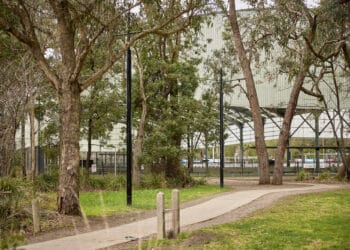 The new Plaspoles lining the path to Pinks Reserve Netball Facility in Kilsyth. Image: Sustainability Victoria.  