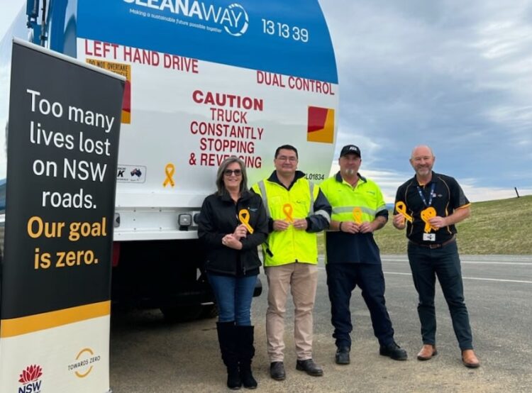 Bega Valley Shire, Transport for NSW and Cleanaway staff holding the SARAH stickers. Image: Bega Valley Shire.